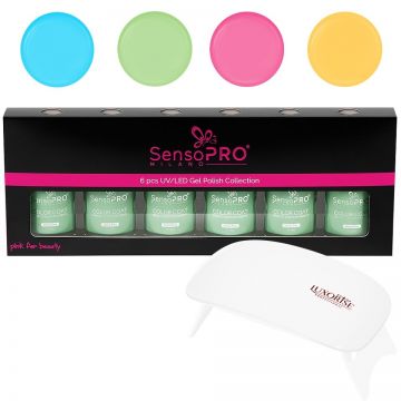 Set 4 Oje Semipermanente, Top & Base Coat Hema Free SensoPRO Milano + Lampa UV, Spring Pastel